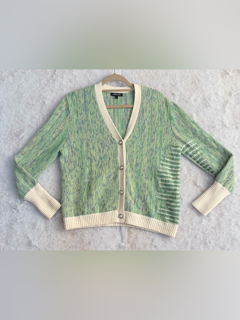 Green Marled V-Neck Cardigan with Cream Trim (SKU885)